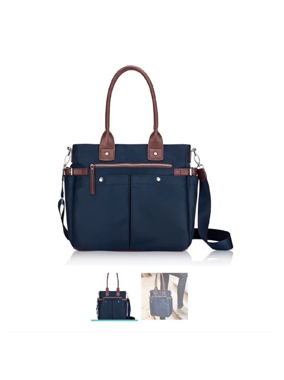 Signature Purse/Tote With Several Pockets Navy Blue/Brown T51